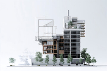 Futuristic rendering depicts an architectural sketch transitioning into a realized structure. The scene emphasizes technological advancement with a focus on innovation and design