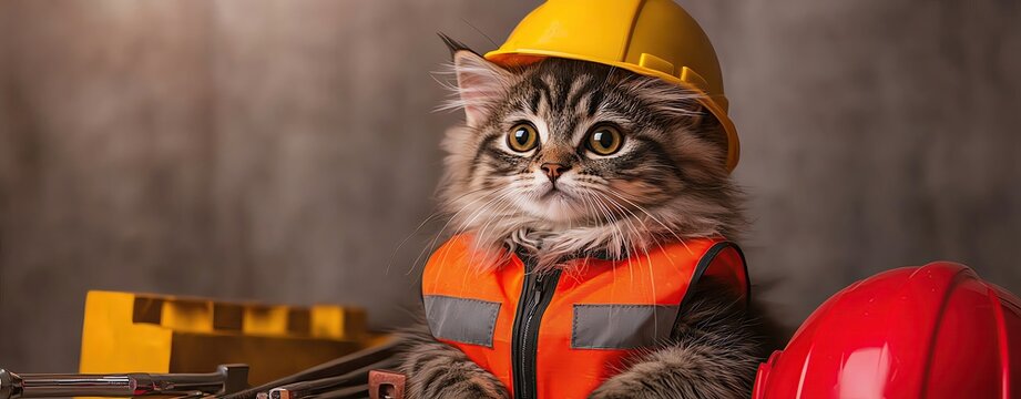 Fluffy cat in a construction workers vest and hard hat, sitting by building tools, occupation costume, realistic style