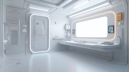 Fototapeta premium A stunningly modern and futuristic bathroom design featuring smooth white surfaces touch sensitive lighting and a frameless mirror leaving a blank background for copy space or product display