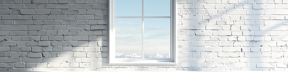 Naklejka premium Urban landscape through a white window frame on a white brick wall, highly detailed and realistic.