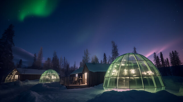 "An enchanting scene of an Arctic village with glowing glass igloos offering a view of the vivid Northern Lights above, while people relax inside with drinks. 