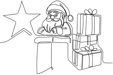 Vector hand drawn Christmas concept sketch. Santa Claus driving car with open bag full of presents. Lettering Christmas concept. Vector illustration