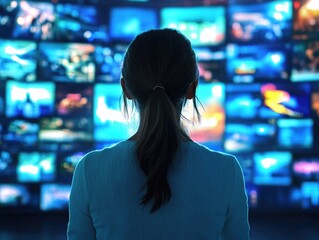 Woman in front of TV wall