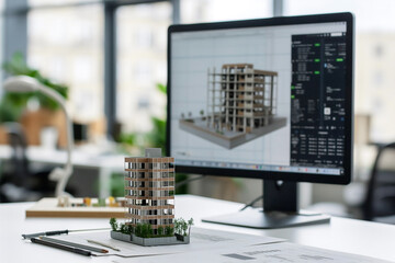 A sophisticated BIM software interface highlights an intricate building design, complemented by a scale model in a modern workspace filled with natural light