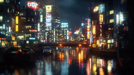 Fototapeta premium Neon Cityscape: Night Reflections on the Canal