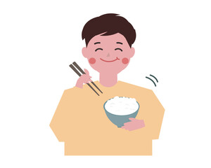  ご飯を美味しそうに食べる男性。茶碗、箸。ベクターイラスト