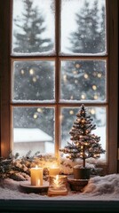 Cozy Scandinavian Christmas Window Scene with Snow