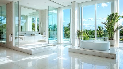Fototapeta premium Stylish and Spacious Luxury Bathroom with Floor to Ceiling Glass Freestanding Tub on Raised Platform and Pristine White Marble Finishes Providing Ample Open Wall Space for Copy or Design Elements