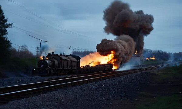 Train derailment with flames and smoke near railway tracks.