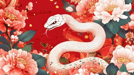 Obraz premium Chinese new year 2025 concept,Red snake flat lay top view, Happy Chinese new year with Red envelope and gold ingot,blessing, wealth on red background with copy space for your text.