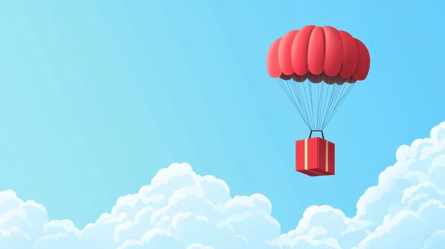 A Box flying on a parachute with pink cloud,vector illustration of package flying down from sky and cloud with parachute, concept for delivery service,shopping online,air delivery service.