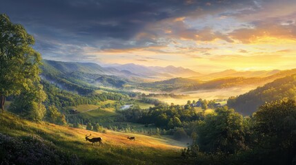 Obraz premium Grazing deer in a serene valley sunrise landscape nature scene rural environment peaceful viewpoint bathed in golden light