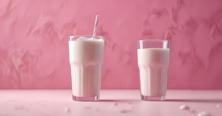 A full glass of cold milk against a pink backdrop ,  studio,  milky