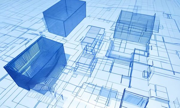 A 3D wireframe model of buildings in a digital landscape.