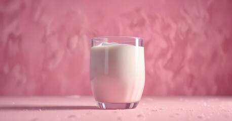 A full glass of cold milk against a pink backdrop ,  visual,  full,  smooth