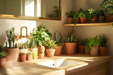 Bright and Airy Bathroom with Various Potted Plants Adding Natural Touch and Freshness to Stylish Interior Decor