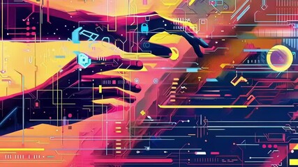 Two pairs of hands reach towards each other against a vibrant background of circuitry and data, symbolizing collaboration and the pursuit of technological advancement