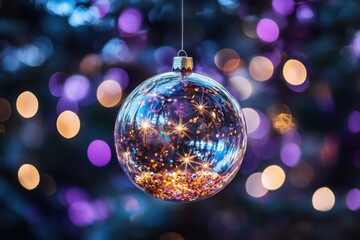 Obraz premium Suspended closeup of a transparent ornament with shimmering sequins and glittering stars against vibrant purple bokeh background