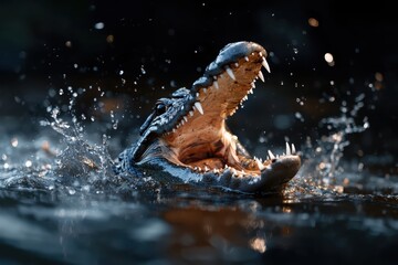 Alligator opening its mouth wide dark swamp water closeup photography glistening scales dramatic viewpoint wildlife action