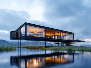 Fototapeta premium Evening light on ultramodern stilt house aerial view of reflective landscape and tranquil environment