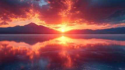 Fiery Sunset over a Calm Lake and Majestic Mountains