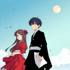 Anime Characters in Traditional Attire Under a Bright Sky and Full Moon