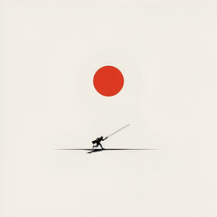 Minimalist Samurai Warrior in Bold Combat with Bright Red Sun