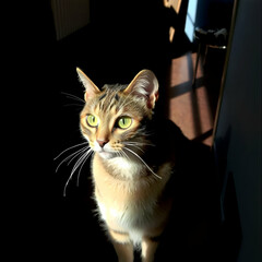 Beautiful Tabby Cat with Green Eyes Sitting in Sunlit Room