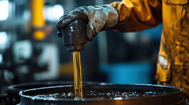 Oil extraction process in industrial setting with worker handling equipment during daytime hours - Powered by Adobe
