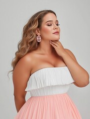 Obraz premium Fashion portrait of confident woman in elegant dress studio beauty close-up