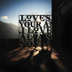 Silhouetted Figures by Inspirational Love Message During Sunset