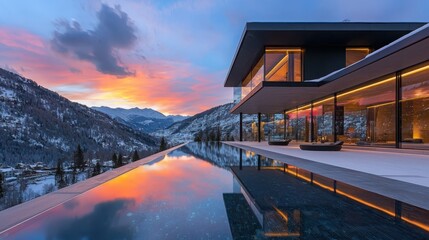 Fototapeta premium Captivating sunset reflection modern mansion architectural photography scenic landscape infinity pool contemporary design
