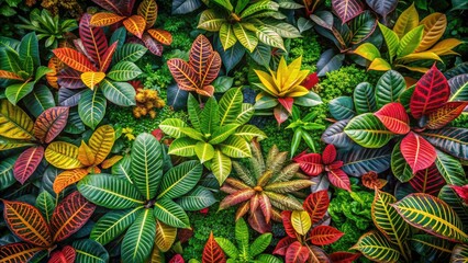 Fototapeta premium Vibrant Drone Views of Colorful Tropical Leaves: A Kaleidoscope of Exotic Flora in Lush Landscapes
