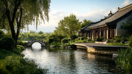 Obraz premium Serene Chinese riverside house featuring curved roofs wooden walkways and a small arched stone bridge providing ample copy space in the calm water and sky