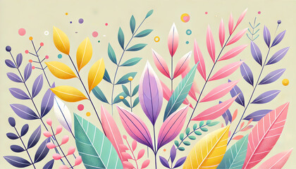 Fototapeta premium A vibrant and playful illustration featuring a variety of leaves in soft pastel colors, with gentle shades of pink, purple, yellow, and light gree