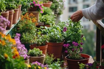 A gardener tending to a small balcony garden filled with potted plants and herbs. Colorful flowers and vegetables peek out from the planters, creating a vibrant oasis in an urban setting. The scene