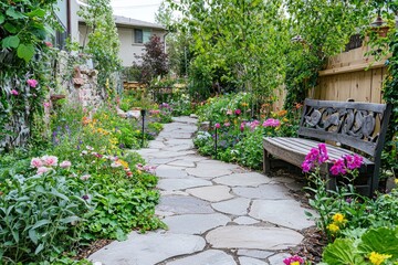 A whimsical urban garden with pathways made of stone and surrounded by colorful flower beds. A cozy seating area invites relaxation among the greenery. The scene captures the beauty of urban