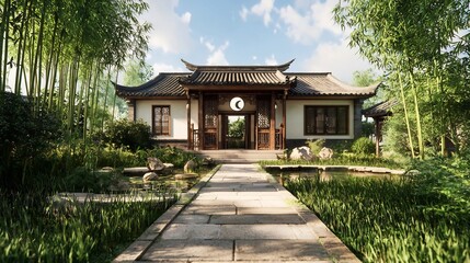 Obraz premium Tranquil traditional Chinese architectural house with a moon gate entrance surrounded by lush bamboo trees and a serene pond offering ample copy space in the garden and sky