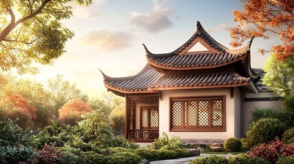 Picturesque traditional Chinese architecture featuring a house with a classic pagoda style roof decorative lattice windows and a serene garden setting with ample copy space in the background sky