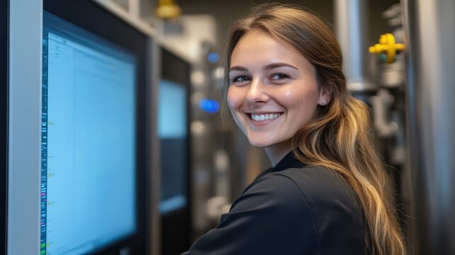 A woman process optimization expert smiles as she completes a major upgrade in process control systems, ensuring seamless production