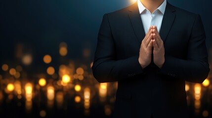 Man in suit praying, finding hope, guidance and spiritual strength through prayer