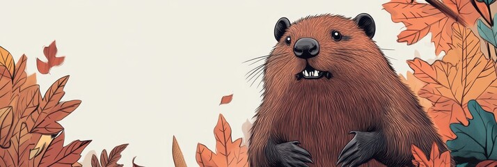 Celebrating International beaver day with autumn leaves and wildlife illustration. Flat illustration. World Wildlife day. Horizontal banner. Copy space