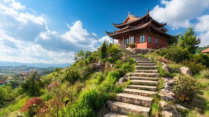 Charming Traditional Chinese Hillside House with Vibrant Red Roof and Stone Steps Leading Up to Picturesque Scenic Landscape
