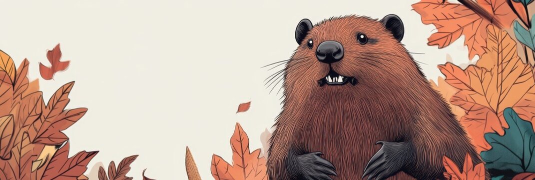 Celebrating International beaver day with autumn leaves and wildlife illustration. Flat illustration. World Wildlife day. Horizontal banner. Copy space