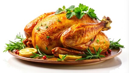 Whole Roasted Chicken Isolated on Transparent Background - Deliciously Golden, Juicy, Crispy Skin, Perfectly Cooked, Ideal for Food Photography