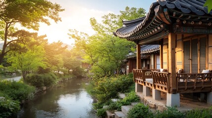 Obraz premium Charming Korean Traditional Hanok Architecture Featuring Wooden Pillars and Tiled Roof by a Calm Stream with Reflections and Open Sky