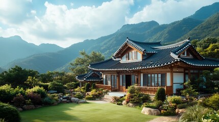 Obraz premium Tranquil Traditional Korean Mountain Abode with Tiled Roofs and Wooden Accents Nestled in Lush Greenery Offering a Peaceful and Serene Escape in Nature