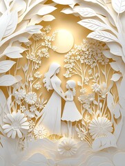 Elegant paper cutout with mother and child surrounded by flowers and leaves on gold background

