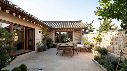 Obraz premium Elegant Traditional Korean Courtyard House with Scenic Stone Wall and Clay Tile Roof Providing Peaceful and Tranquil Copy Space in the Open Sky and Yard Area