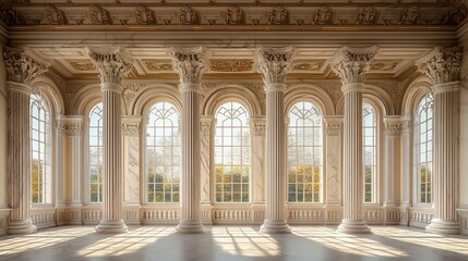 Obraz premium Elegant interior showcasing grand columns and arched windows with natural light.